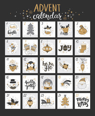 Happy Christmas advent calendar with different christmas symbols for your design. Vector illustration.