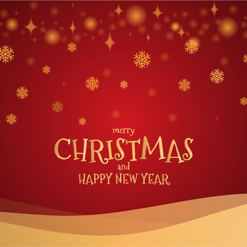 Gold glitter snowflake with merry christmas and happy new year on red background, vector illustration