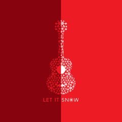 Let it snow. Poster with doodle acoustic guitar silhouette. Vintage music icon. Musical instrument logo from snowflakes. Template for winter season holiday event greeting card. Vector illustration