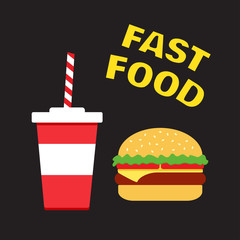 Fast food set. Cup of soda with cheeseburger on black background. Vector illustration