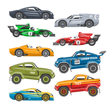 Sport speed automobile and offroad rally car colorful fast motor racing auto driver transport motorsport vector illustration.