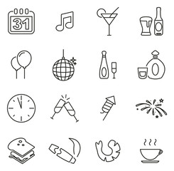New Years Eve Celebration or Party Icons Thin Line Vector Illustration Set