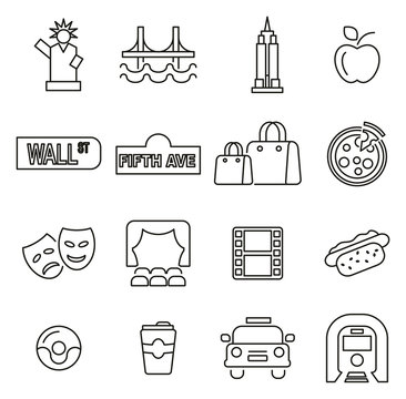 New York City & Culture Icons Thin Line Vector Illustration Set