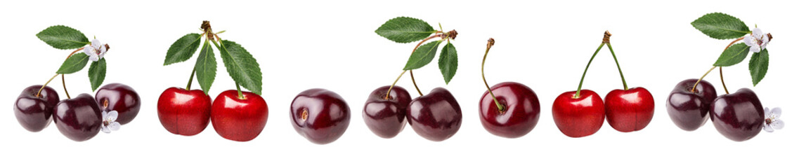 Fresh cherry with leaf isolated on white background with clipping path set