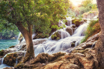 Sunrise in the famous Krka National Park, beautiful landscape with cascade of waterfalls, popular and attractive tourist destination in Croatia