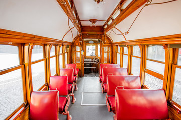 Interior of the famous retro tourist tram in Porto city