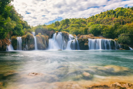 Waterfall in Krka National Park, famous Skradinski buk, one of the most beautiful waterfalls in Europe and the biggest in Croatia, amazing nature landscape