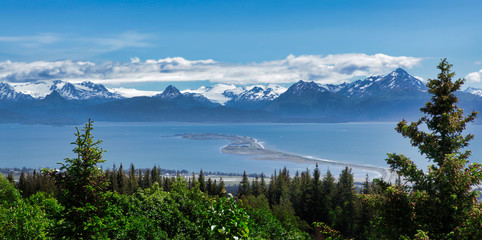 Scenic view of Homer spit and Alaska mountains and glaciers