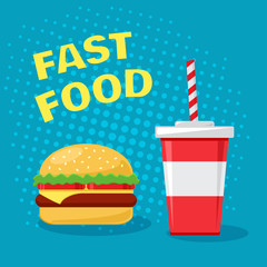 Fast food set. Glass of cola with cheeseburger on blue background. Vector illustration in pop art style.