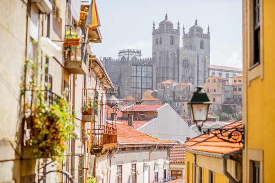 Cityscape view with beautiful old buildings and Se cathedral in Porto city, Portugal