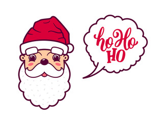 Santa Claus cute smiling face in red hat with white beard and mustache says Ho Ho Ho in speech bubble. Illustration with lettering for season greetings. Vector holiday background