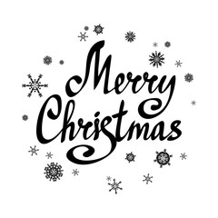 Phrase Merry Christmas. Lettering with snow-flakes. Calligraphic text. Holiday card template. Vector illustration, eps 10.