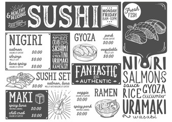 Fototapeta premium Sushi menu restaurant, food template.