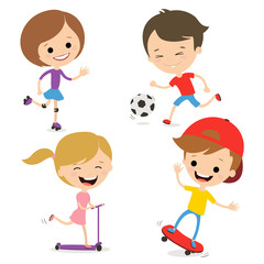 Fun kids play sports. Active way of life. White background.