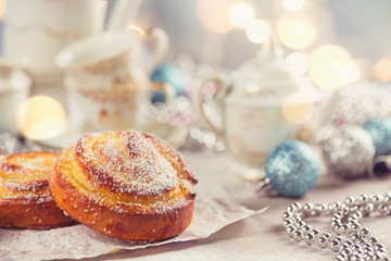 Buns with Christmas or New Year holiday decoration.
