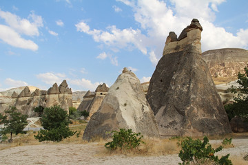 Natural valley with volcanic tuff stone rocks in Pasabag in Cappadocia, Turkey.