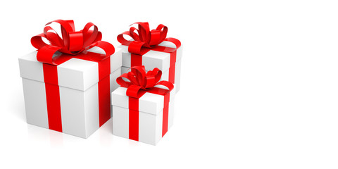 Gifts with red ribbons on white background. 3d illustration