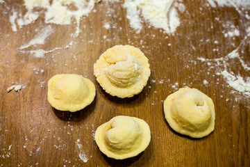 Preparation of dumplings at home in the kitchen for a family dinner in Russia Preparing, cooking, making homemade ravioli, pelmeni or dumplings with meat