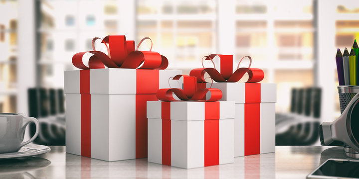 Gifts With Red Ribbons On An Office Background. 3d Illustration