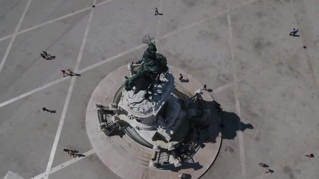4k aerial view of statue of King Jose I located at commerce square - Portugal
