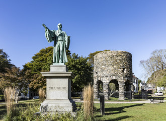 Newport Tower and Channing Statue, Tauro Park, Newport Rhode Island USA. Summer, 2016
