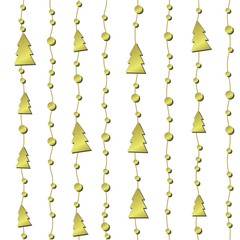 GOLDEN CHRISTMAS ELEMENT ON RIBBON. CHRISTMAS TREE SYMBOL ON WHITE BACKGROUND