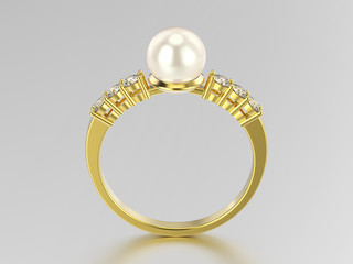 3D illustration yellow gold  diamond ring wth pearl