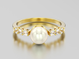 3D illustration yellow gold  diamond ring wth pearl