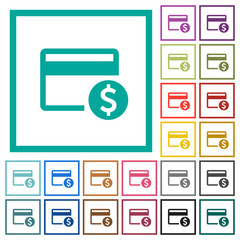 Dollar credit card flat color icons with quadrant frames