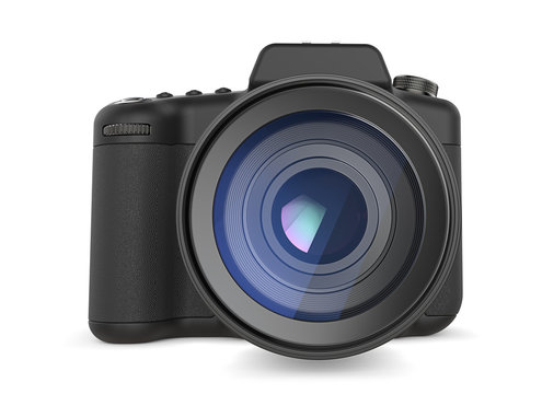 SLR Camera. Non branded SLR camera. Generic design. Front view. 3D render.
