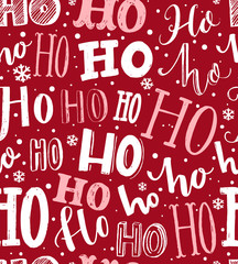 Ho ho ho pattern. Funny christmas background for gift wrapping. White lettering and hand drawn snow on red background. Santa Claus laugh. - obrazy, fototapety, plakaty