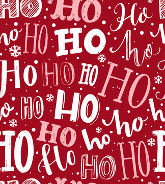 Ho Ho Ho Pattern. Funny Christmas Background For Gift Wrapping. White Lettering And Hand Drawn Snow On Red Background. Santa Claus Laugh.