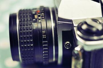 Fototapeta na wymiar Lens and exposure controls of vintage camera