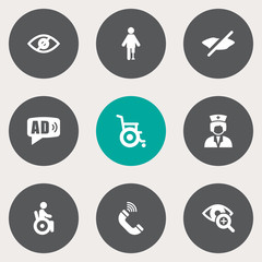Set Of 9 Disabled Icons Set.Collection Of Blindness, Universal Access, Can Not Speak And Other Elements.