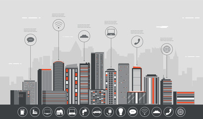 Obraz premium Urban landscape with infographic elements. Modern city. Smart city. Concept website template. Vector 