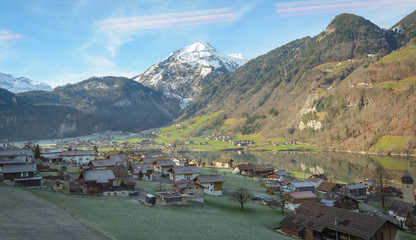 Snowy mountains and houses in Switzerland