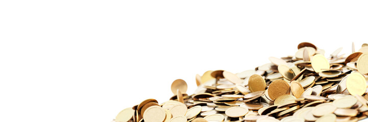 Infinite golden coins horizontal background, realistic texture, original 3d rendering background