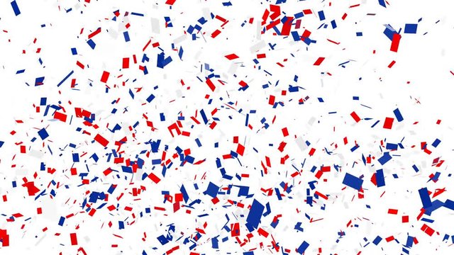 Confetti shots. Red, blue and white confetti falling on white background with alpha matte