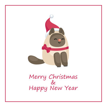 Christmas greeting card with the image of funny cat. Vector illustration in cartoon style.