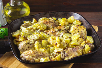 Roasted chicken leg with potatoes with caraway and garlic.