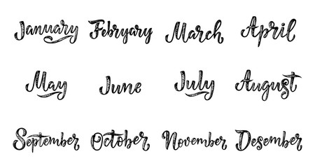 Handwritten names of months December, January, February, March, April, May, June, July, August, September, October, November. Calligraphy words for calendars and organizers. - obrazy, fototapety, plakaty