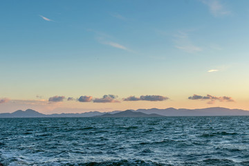 Sailing yacht and sunset in the sea. La Manga. Spain.

