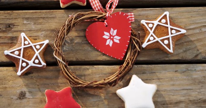 Christmas cookies and decoration on wooden table 