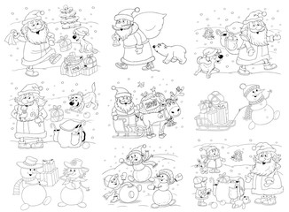Ney Year. Christmas. Coloring page. Illustration for children. Cute and funny cartoon characters