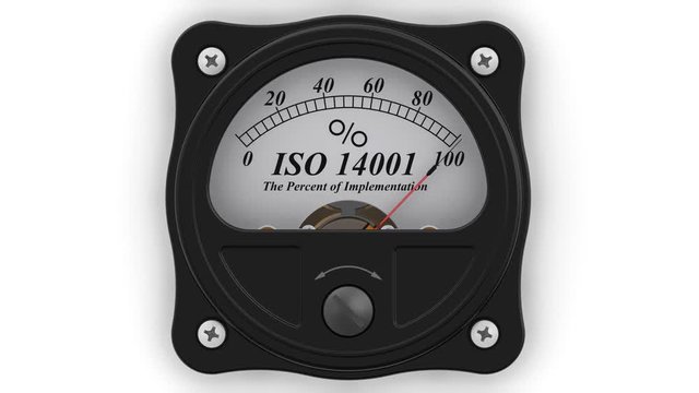 ISO 14001. Analog indicator showing the level implementation of ISO 14001 standart (ISO 14001 sets out the criteria for an Environmental Management System (EMS)). Footage video