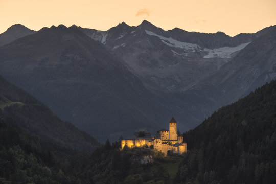 The medieval castle of Campo Tures, Burg Taufers, at twilight, Aurina Valley, South Tyrol, Italy