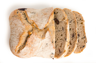 Bread, ciabatta with dried tomatoes, isolated on white background