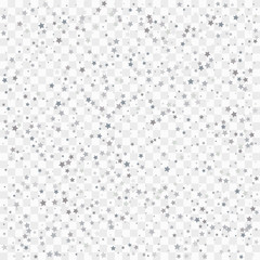 Silver star confetti rain festive holiday background. Vector silver paper foil stars falling down isolated on transparent background.