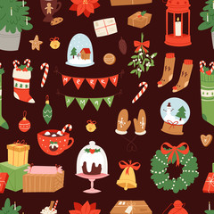 Christmas icons symbols vector for New Year celebration decoration illustration of Xmas festive ornament symbols seamless pattern background
