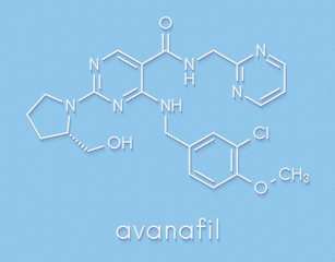 Avanafil erectile dysfunction drug molecule. PDE5 inhibitor used in treatment of impotence. Skeletal formula.